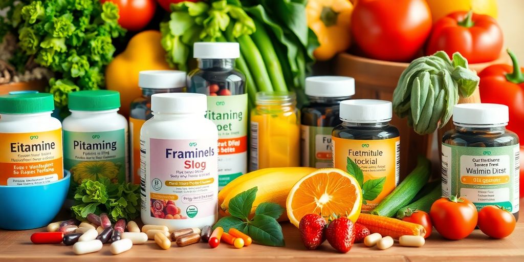 Colorful vitamins and fresh produce on a wooden table.