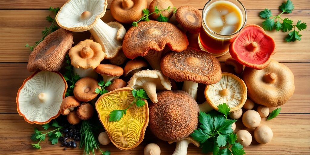 Diverse mushrooms and herbs on a wooden table.