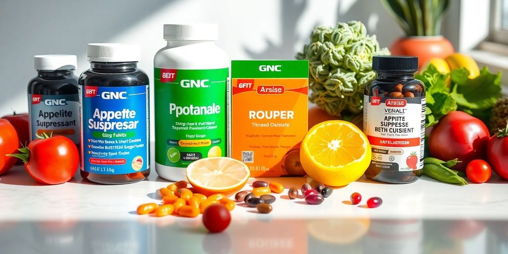 GNC weight loss products with fresh fruits and vegetables.