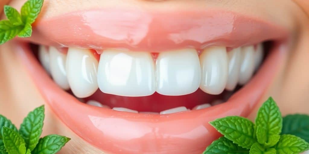 Healthy teeth with a shiny surface and fresh mint leaves.