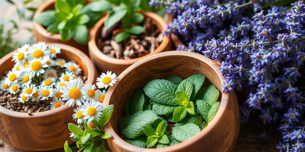 Assorted natural herbs in rustic bowls on wooden table.