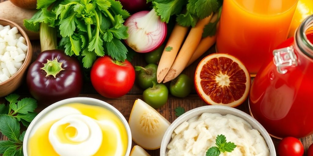 Colorful probiotic foods like yogurt and sauerkraut on table.