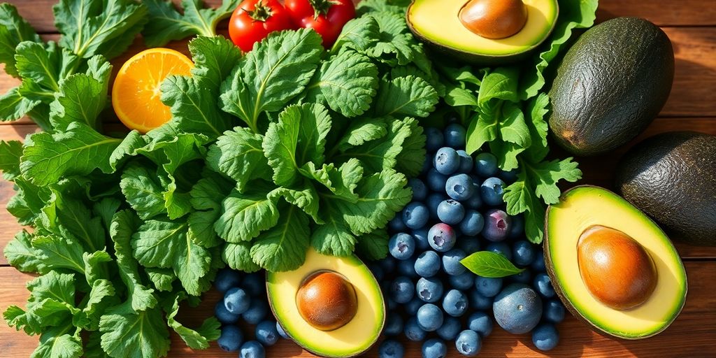 Colorful superfoods like kale, blueberries, and avocados.