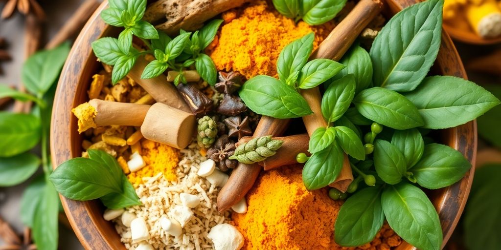 Colorful Ayurvedic herbs arranged in a wooden bowl.