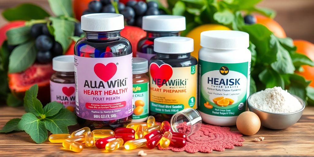 Assorted heart health supplements on a wooden surface.