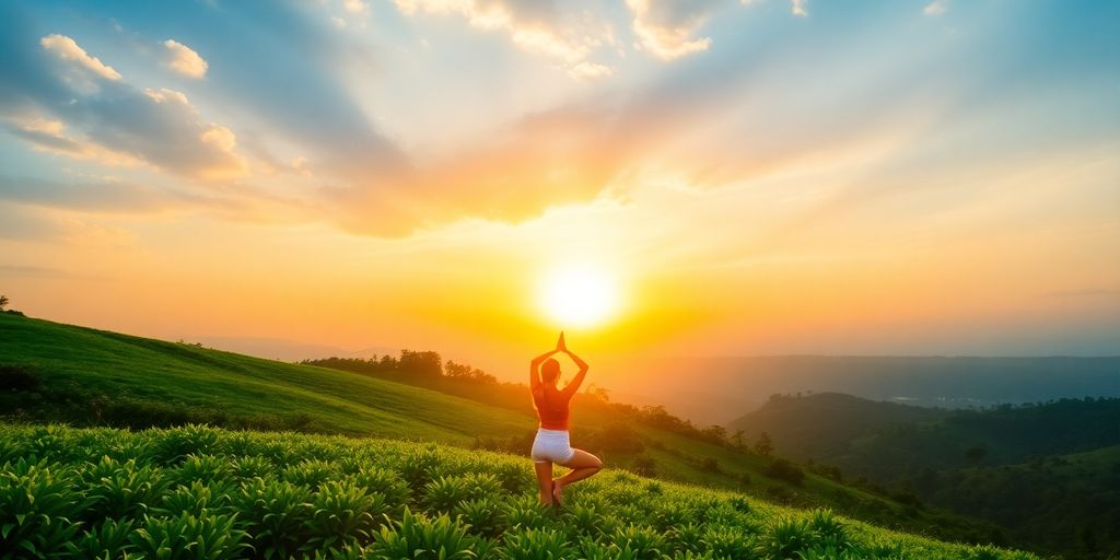 Person practicing yoga outdoors in a vibrant landscape.