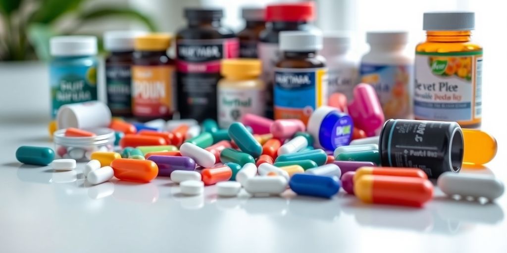 Colorful weight-loss pills on a blurred background.