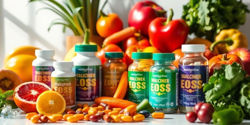 Colorful weight loss supplements with fresh fruits and vegetables.