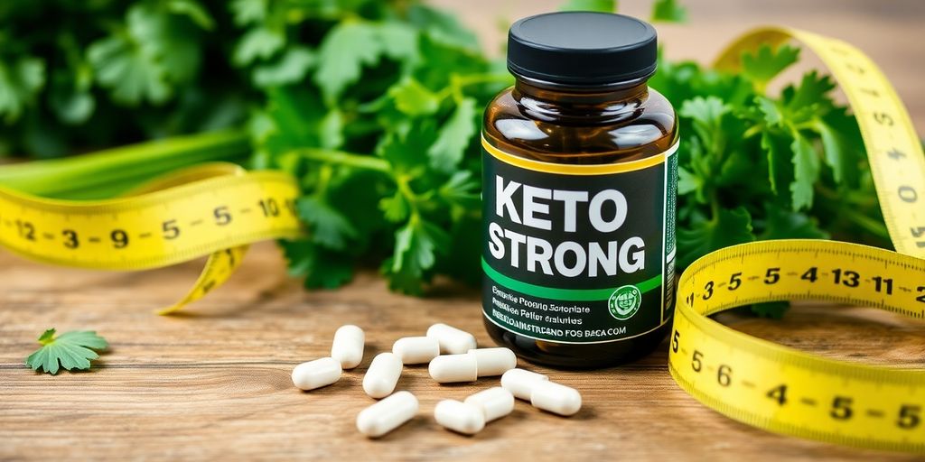 Keto Strong pills with herbs and measuring tape on table.