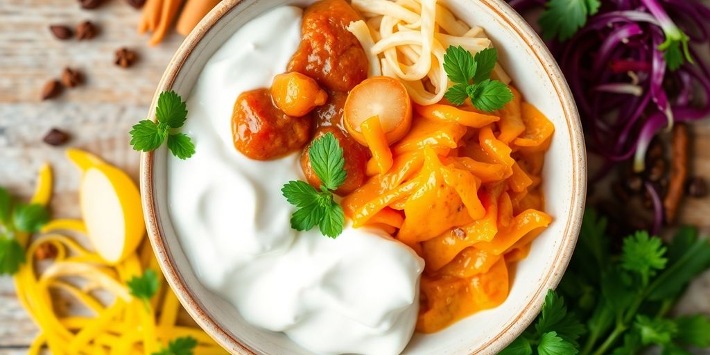 Colorful assortment of probiotic-rich foods in a bowl.