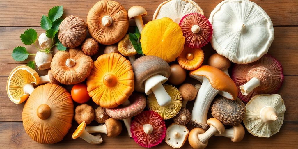 Colorful mushrooms on a wooden surface, promoting wellness.